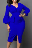 Royal Blue Elegant Solid Patchwork Fold V Neck One Step Skirt Dresses