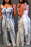 Blue Casual Print Backless Slit Square Collar Sleeveless Two Pieces
