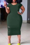 Army Green Casual Solid Ripped O Neck Short Sleeve Dress