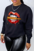 Black Street Lips Printed Patchwork O Neck Tops