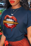 Navy Blue Casual Sportswear Lips Printed Patchwork O Neck T-Shirts