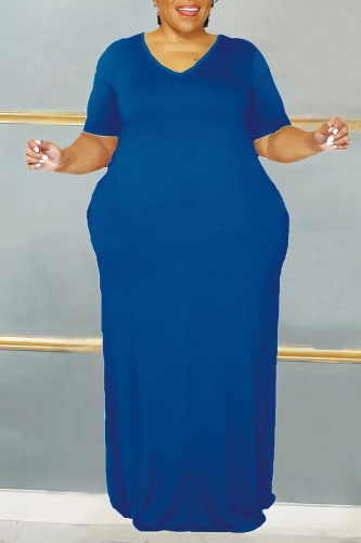 Blue Casual Solid Basic V Neck Short Sleeve Dress Plus Size Dresses