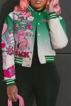 Green Casual Gradual Change Print Patchwork O Neck Outerwear