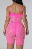 Pink Sexy Patchwork Hot Drilling Backless Spaghetti Strap Sleeveless Two Pieces