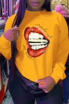 Yellow Street Vintage Lips Printed Patchwork O Neck Tops