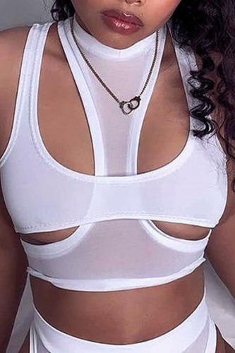 White Casual Sportswear Solid Patchwork Asymmetrical O Neck Tops