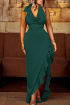 Green Sexy Solid Patchwork Flounce Asymmetrical V Neck Evening Dress Dresses