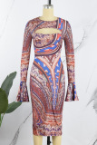 Colour Sexy Print Hollowed Out O Neck Long Sleeve Dresses