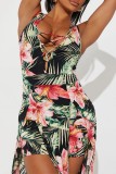 Green Sexy Casual Print Patchwork Slit V Neck Skinny Rompers