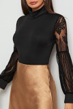 Black Casual Elegant Solid Patchwork Half A Turtleneck Skinny Bodysuits