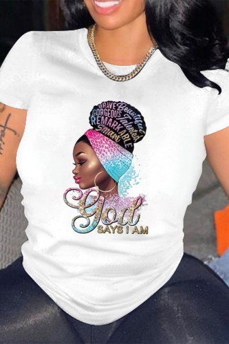 White Casual Print Basic O Neck T-Shirts
