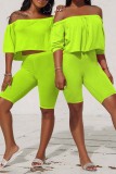 Fluorescent Green Casual Solid Patchwork Off the Shoulder Half Sleeve Two Pieces