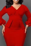 Red Elegant Solid Patchwork Fold V Neck One Step Skirt Dresses