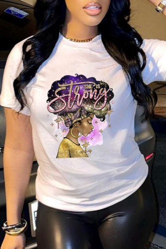 White Casual Print Basic O Neck T-Shirts