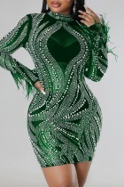 Green Sexy Patchwork Hot Drilling See-through Half A Turtleneck Long Sleeve Dresses