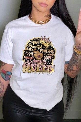 White Casual Print Basic O Neck T-Shirts