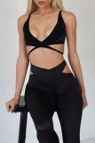 Black Sexy Solid Bandage Hollowed Out Backless V Neck Sleeveless Two Pieces