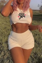 Cream White Casual Letter Print Basic O Neck Sleeveless Two Pieces