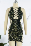 Black Sexy Patchwork Hollowed Out Sequins V Neck Sleeveless Dress Dresses