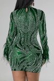 Green Sexy Patchwork Hot Drilling See-through Half A Turtleneck Long Sleeve Dresses
