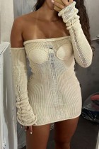 Apricot Sexy Solid Backless Off the Shoulder Long Sleeve Dresses