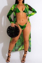 Green Sexy Print Bandage Patchwork Swimsuit Three Piece Set