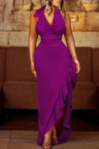 Rose Purple Sexy Solid Patchwork Flounce Asymmetrical V Neck Evening Dress Dresses
