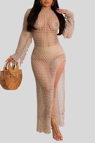Apricot Sexy Solid Tassel Hollowed Out Patchwork Slit Swimwears Cover Up