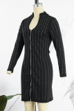 Black Casual Patchwork Hot Drill V Neck Long Sleeve Dresses