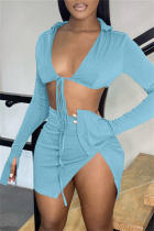 Sky Blue Fashion Sexy Solid Bandage Slit V Neck Long Sleeve Two Pieces