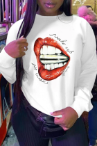 White Street Vintage Lips Printed Patchwork O Neck Tops