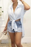 White Casual Solid Patchwork Slit Shirt Collar Tops