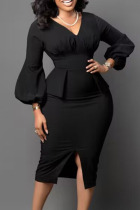 Black Elegant Solid Patchwork Fold V Neck One Step Skirt Dresses