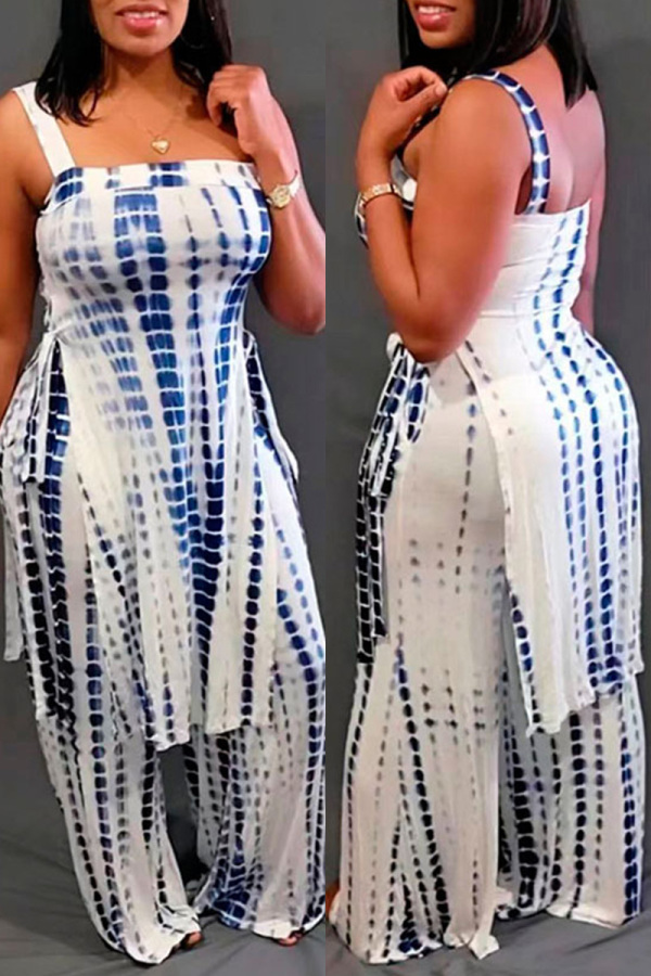 Blue Casual Print Backless Slit Square Collar Sleeveless Two Pieces