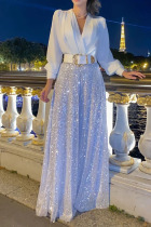 White Elegant Solid Sequins Patchwork V Neck Long Sleeve Two Pieces(Without Belt)