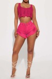 Rose Red Casual Solid Ripped Patchwork High Waist Regular Denim Shorts