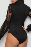 Black Casual Elegant Solid Patchwork Half A Turtleneck Skinny Bodysuits