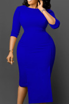 Royal Blue Casual Solid Patchwork Asymmetrical O Neck One Step Skirt Dresses