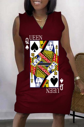 Burgundy Casual Print Basic V Neck Sleeveless Dress Dresses