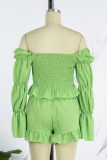 Green Sexy Solid Backless Off the Shoulder Long Sleeve Two Pieces