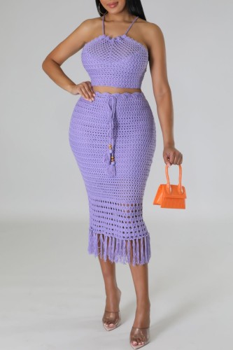 Purple Sexy Solid Tassel Bandage Backless O Neck Sleeveless Two Pieces