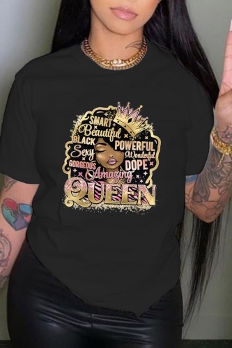 Black Casual Print Basic O Neck T-Shirts