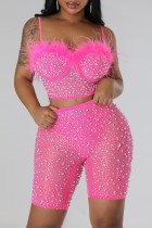 Pink Sexy Patchwork Hot Drilling Backless Spaghetti Strap Sleeveless Two Pieces