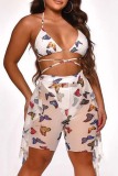 Pink Sexy Butterfly Print Bandage Backless Swimsuit Three Piece Set
