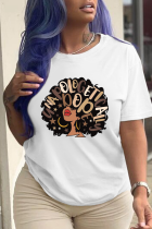 White Daily Vintage Print Patchwork Letter O Neck T-Shirts