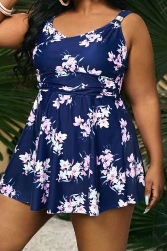 Tibetan Blue Sexy Print Patchwork Spaghetti Strap Plus Size Swimwear(Two Pieces)