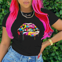 Black Casual Street Lips Printed Patchwork O Neck T-Shirts