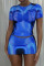 Blue Sexy Street Print Patchwork O Neck Short Sleeve Two Pieces