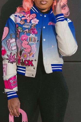 Blue Casual Gradual Change Print Patchwork O Neck Outerwear