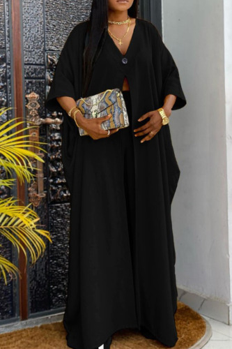 Black Casual Solid Patchwork Slit V Neck Three Quarter Two Pieces